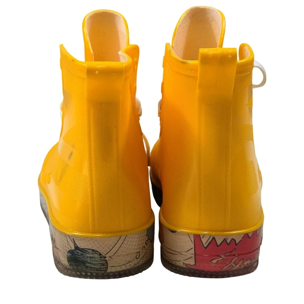 Yellow Rubber Rain Boots Comic Graphic Midsole Lace Up Waterproof Shoes EUC